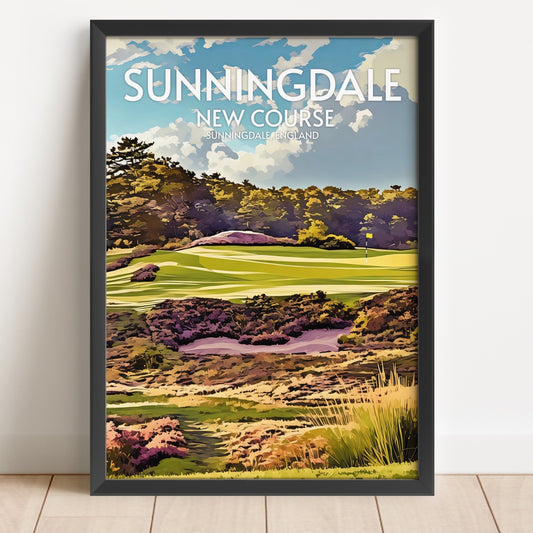 Framed poster of a golf course with 'Sunningdale New Course' text on a white wall.