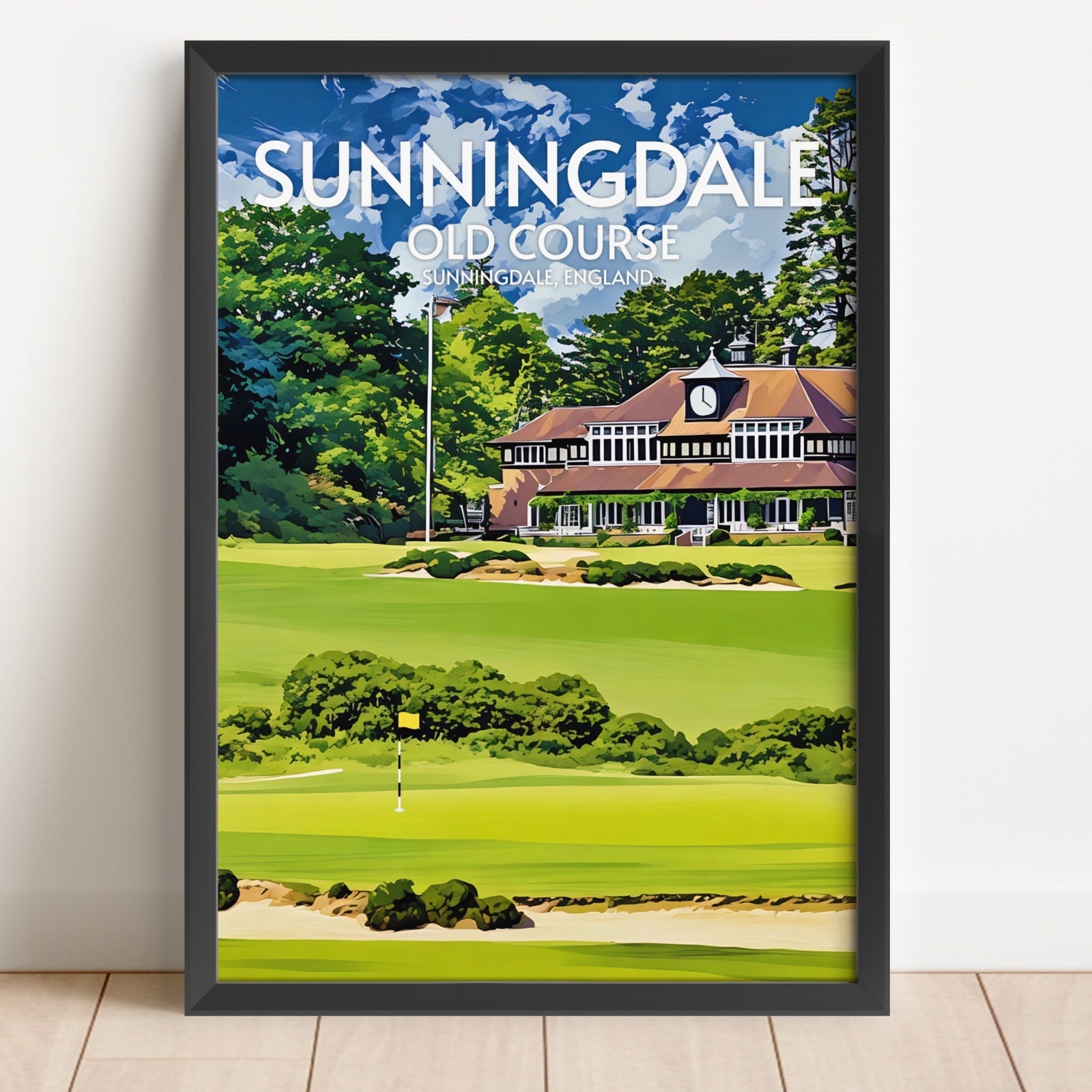 Framed poster of Sunningdale Old Course with green grass, trees, and clubhouse.