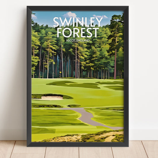 Framed poster of Swinley Forest golf course with green grass and trees.