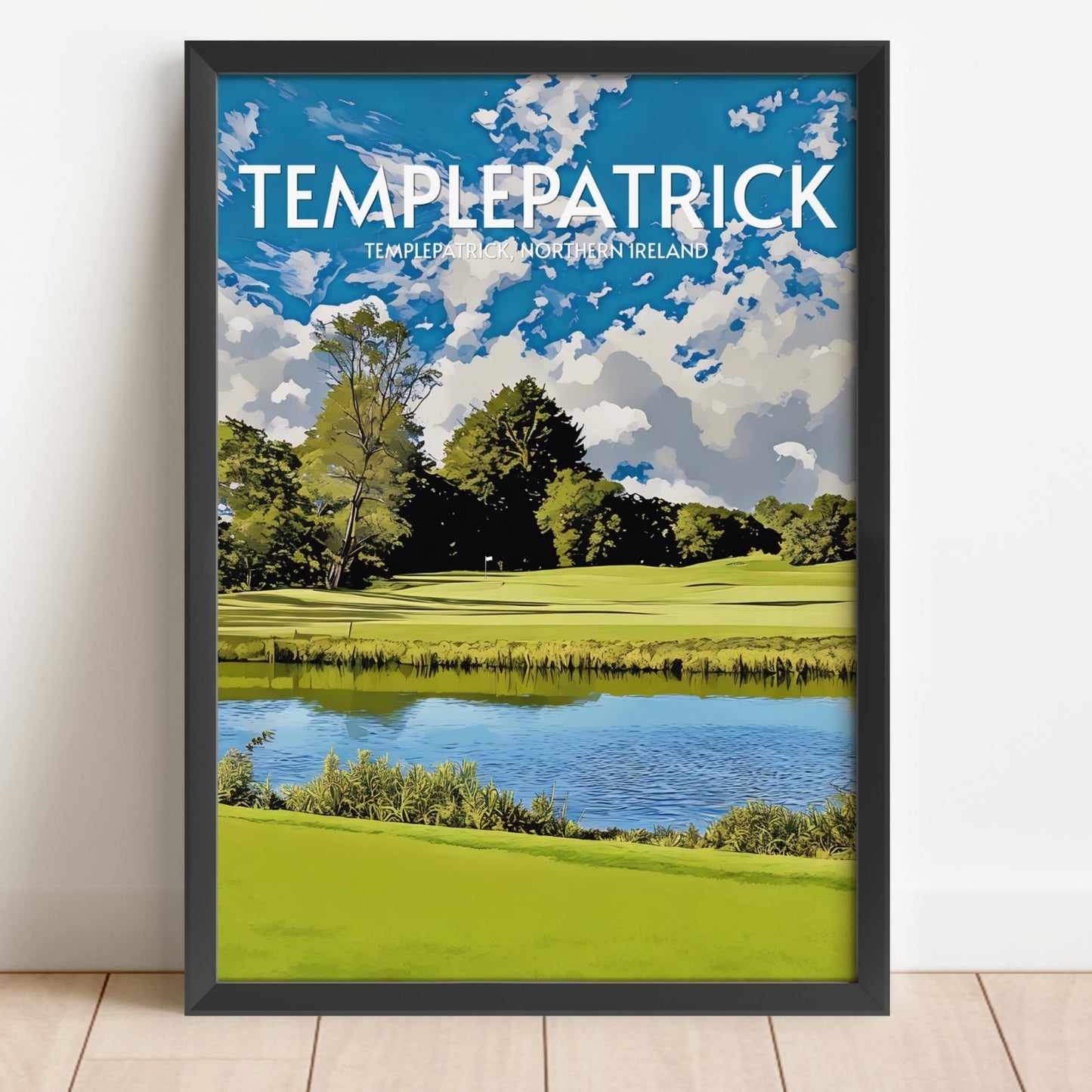 Framed poster of Templepatrick golf course with a scenic view of trees and water.