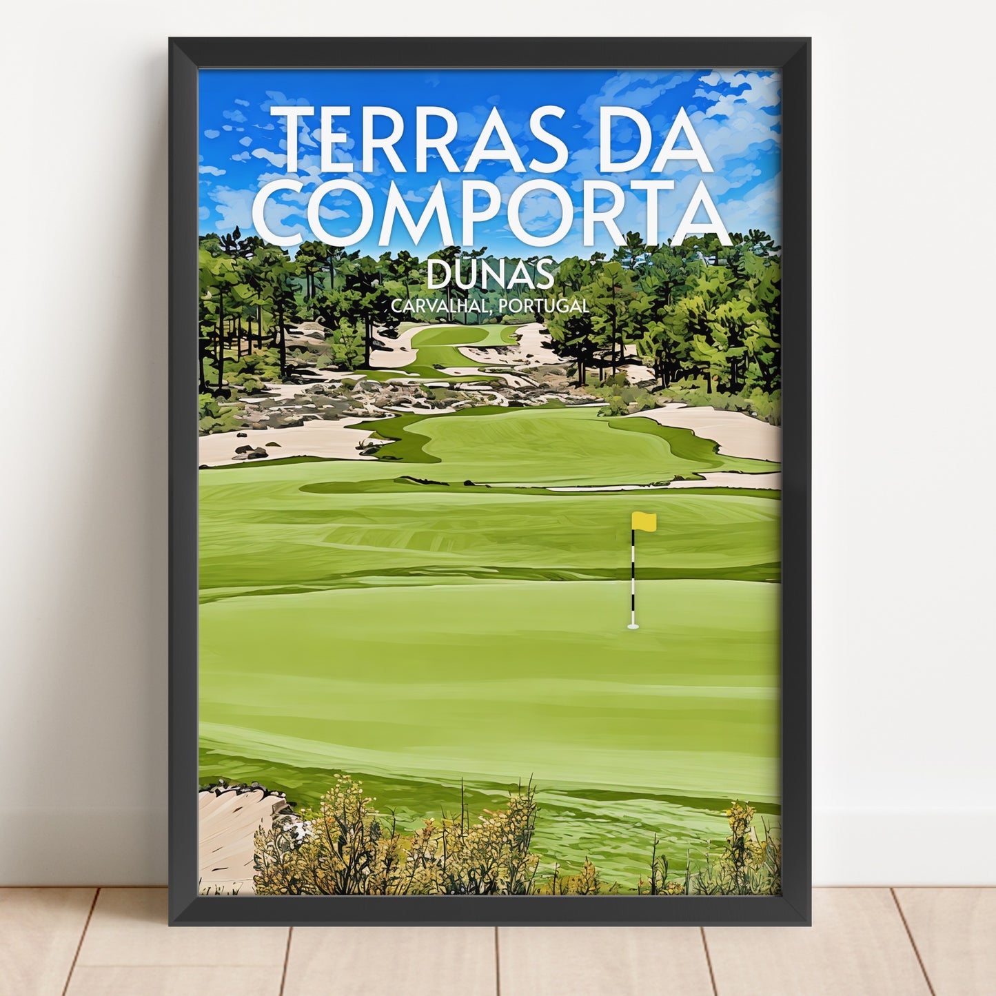 Framed poster of a golf course with 'Terras da Comporta Dunas' text on a white wall.