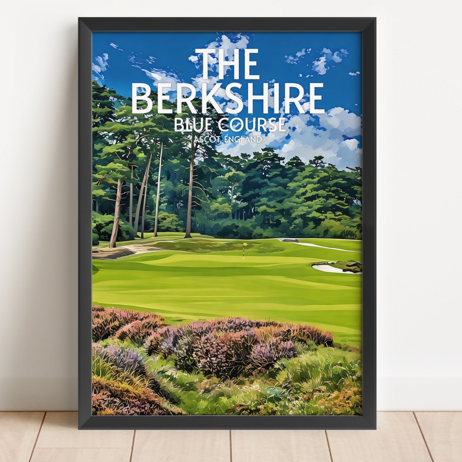Framed poster of a golf course with 'The Berkshire Blue Course' text on a white wall.