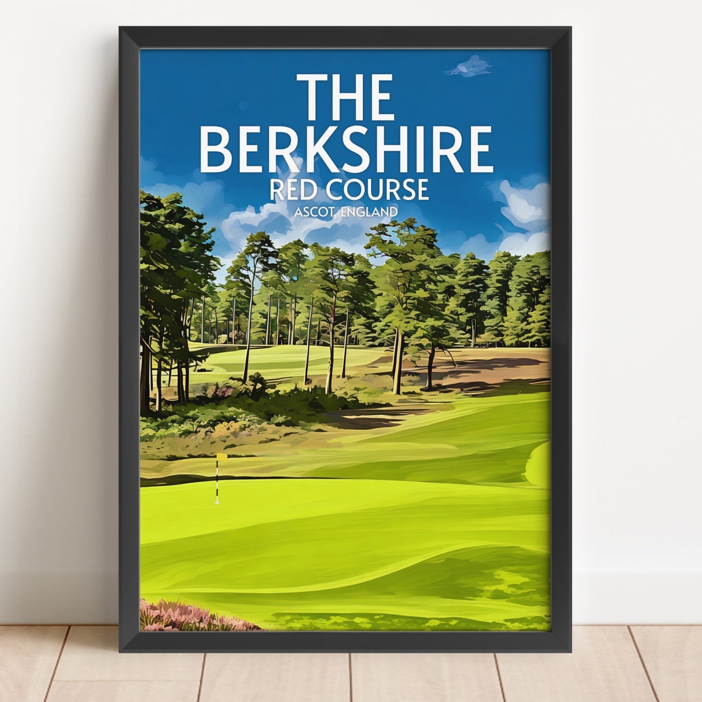 Framed poster of a golf course with 'The Berkshire Red Course' text on a blue sky background.