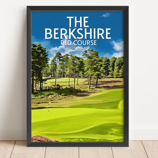 Framed poster of a golf course with 'The Berkshire Red Course' text on a blue sky background.