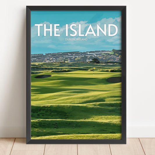 Framed poster of a golf course with 'The Island, Dublin, Ireland' text on a white wall.