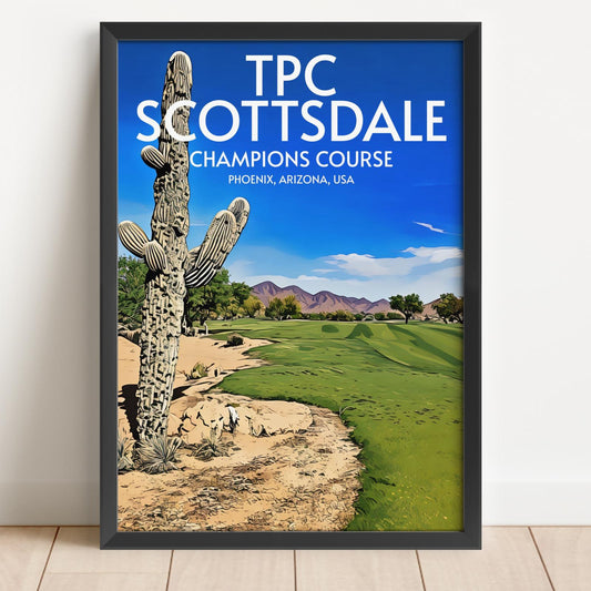 Framed poster of TPC Scottsdale Champions Course with cactus and golf course.