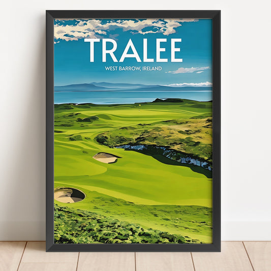 Framed poster of Tralee, West Barrow, Ireland with a golf course and ocean view.
