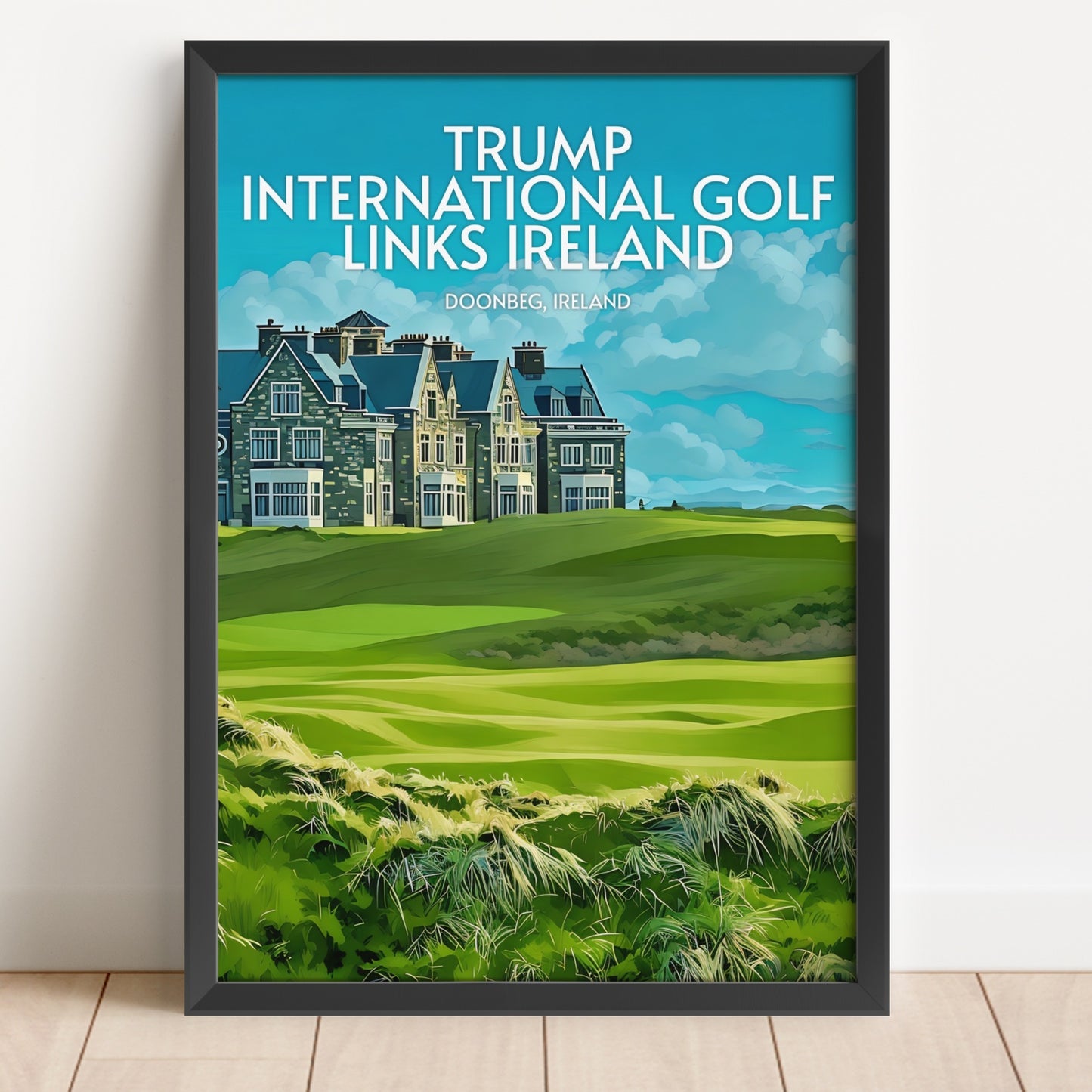 Framed poster of Trump International Golf Links Ireland with a golf course and clubhouse.