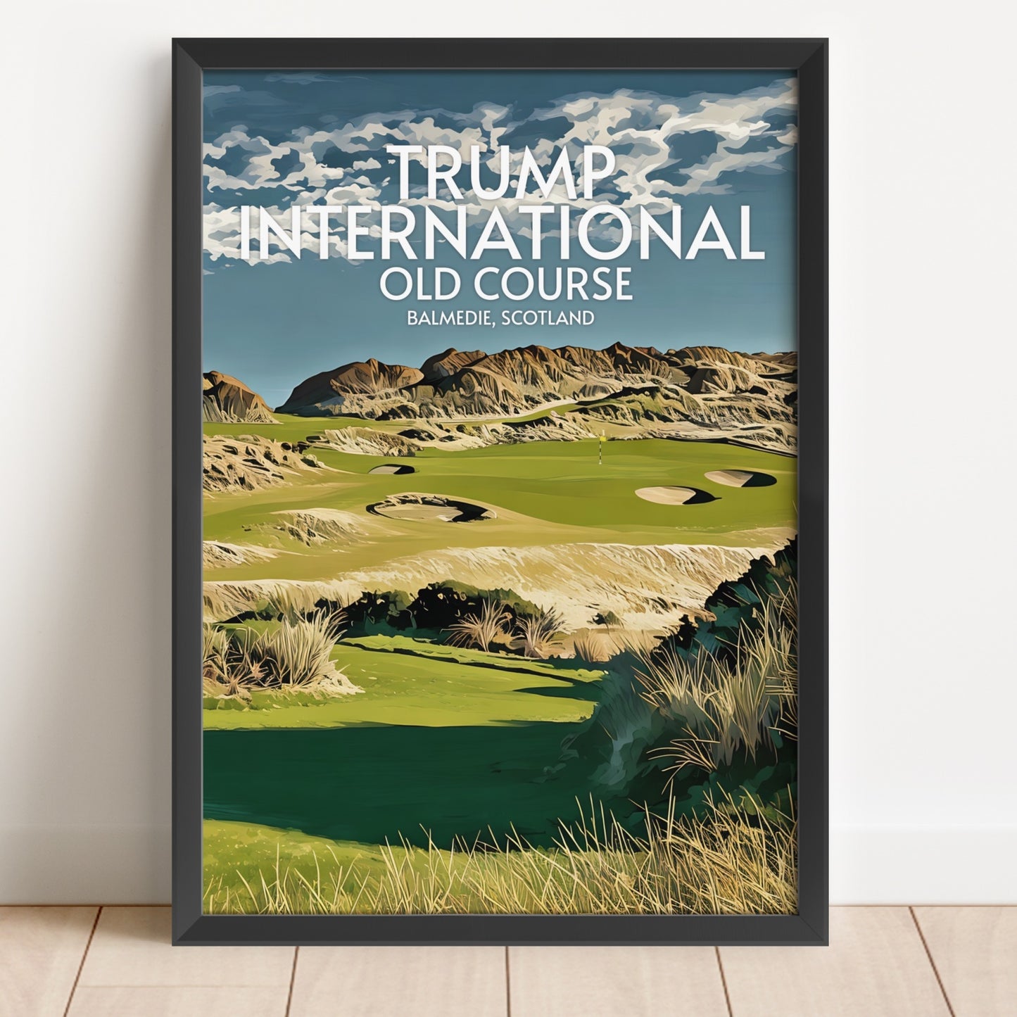 Framed poster of Trump International Golf Course with scenic view and text.