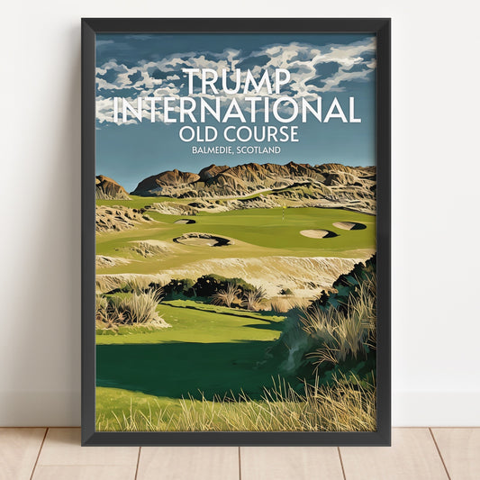 Framed poster of Trump International Golf Course with scenic view and text.