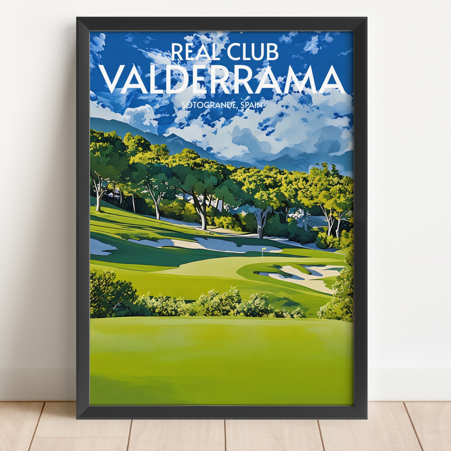 Framed poster of Real Club Valderrama golf course with green grass, trees, and blue sky.