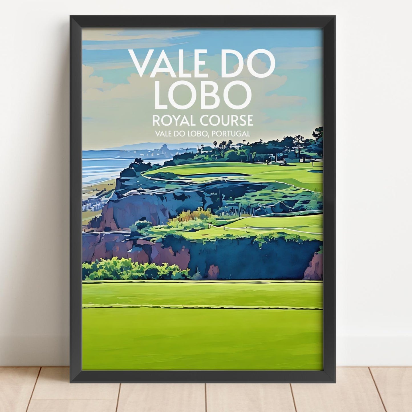 Framed poster of Vale do Lobo Royal Course with scenic golf course and ocean view.