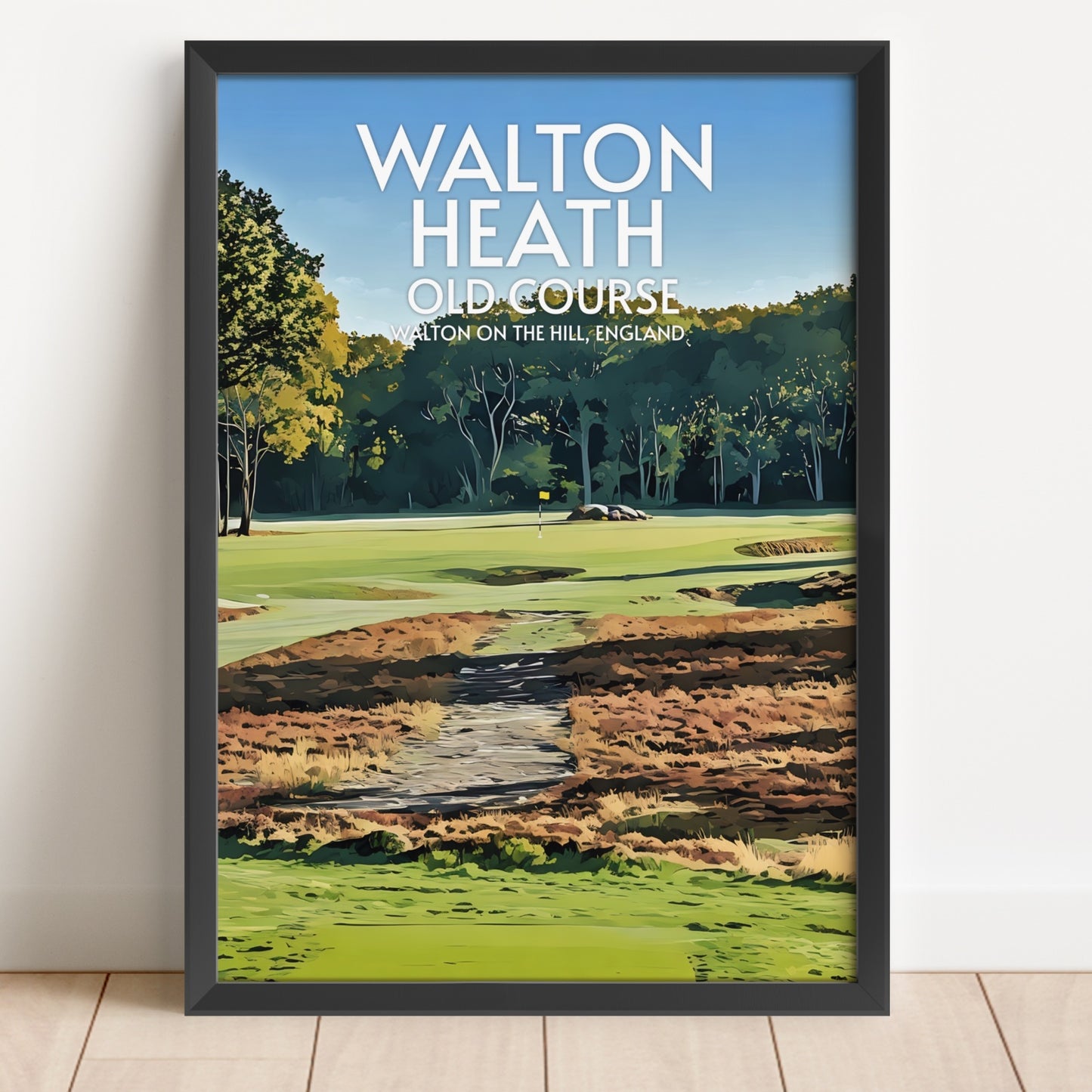 Framed poster of Walton Heath Old Course with a golf course and trees in the background.