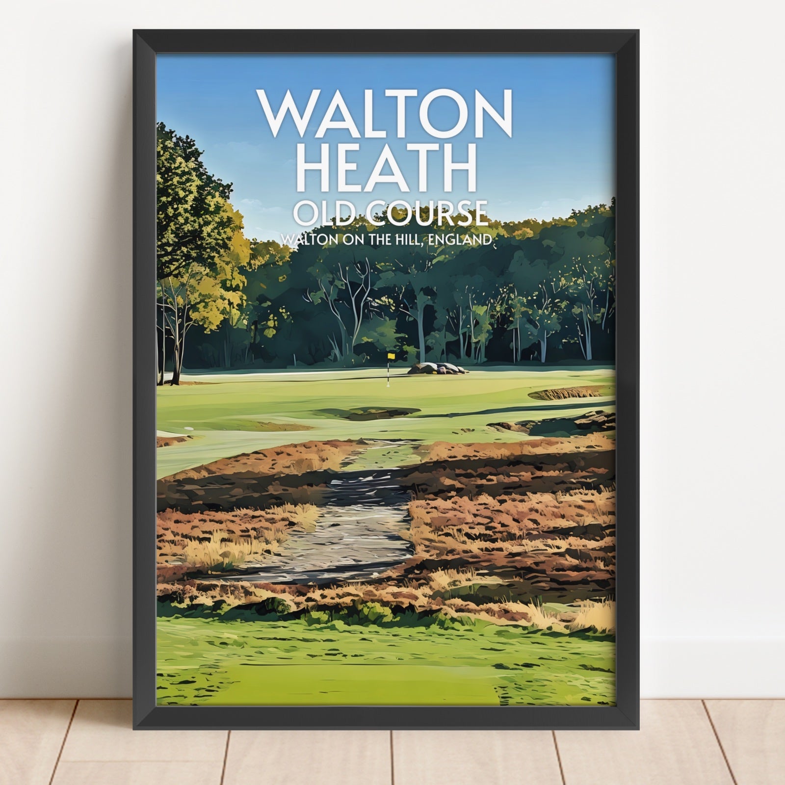 Framed poster of Walton Heath Old Course with a golf course and trees in the background.