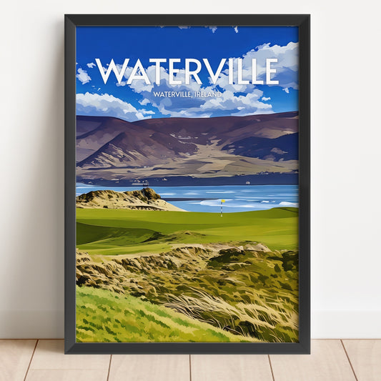 Framed poster of a scenic landscape with 'Waterville' text on a white wall.