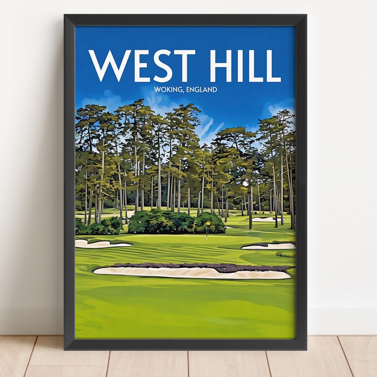 Framed poster of a golf course with 'West Hill' text on a blue sky background