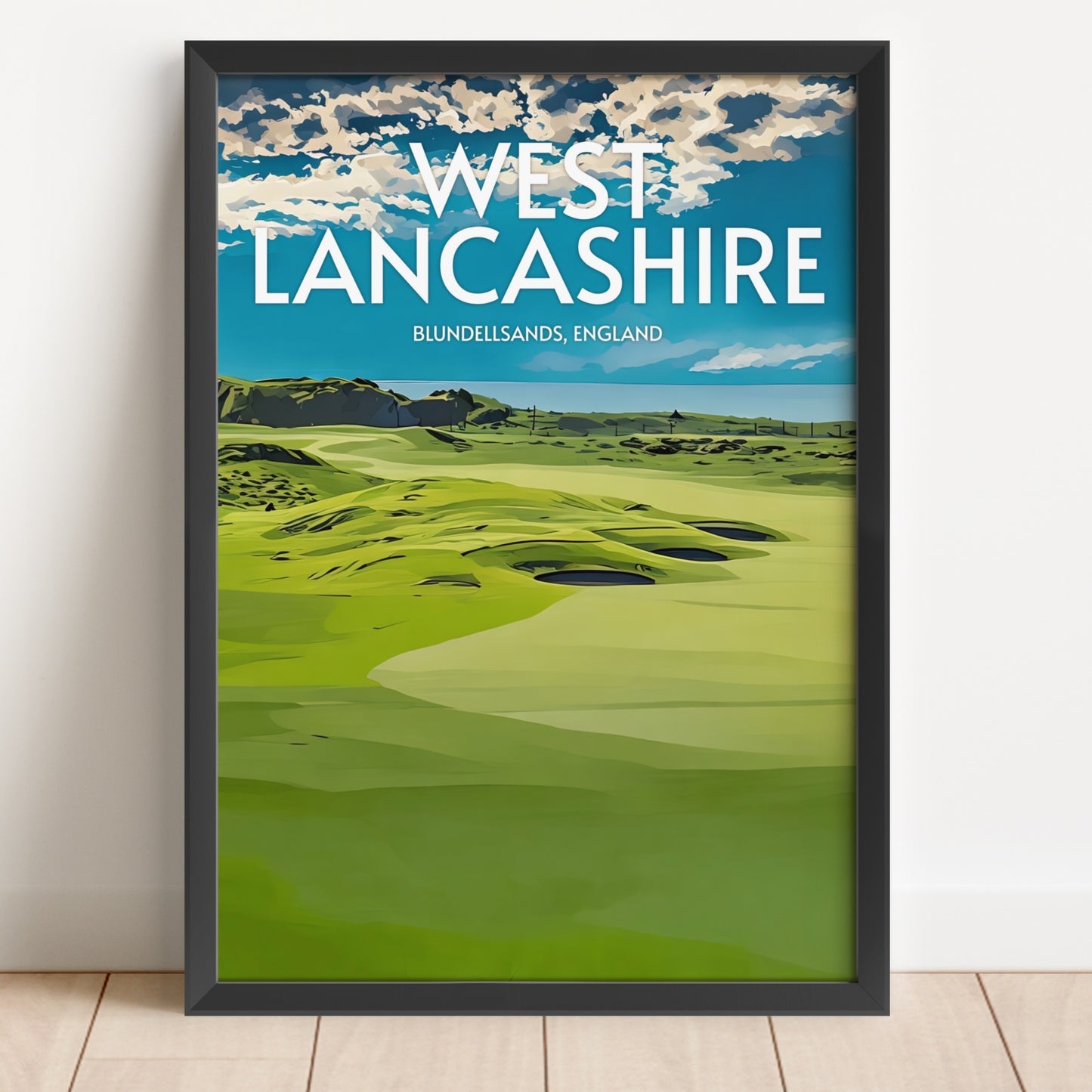Framed poster of West Lancashire with a golf course and blue sky.