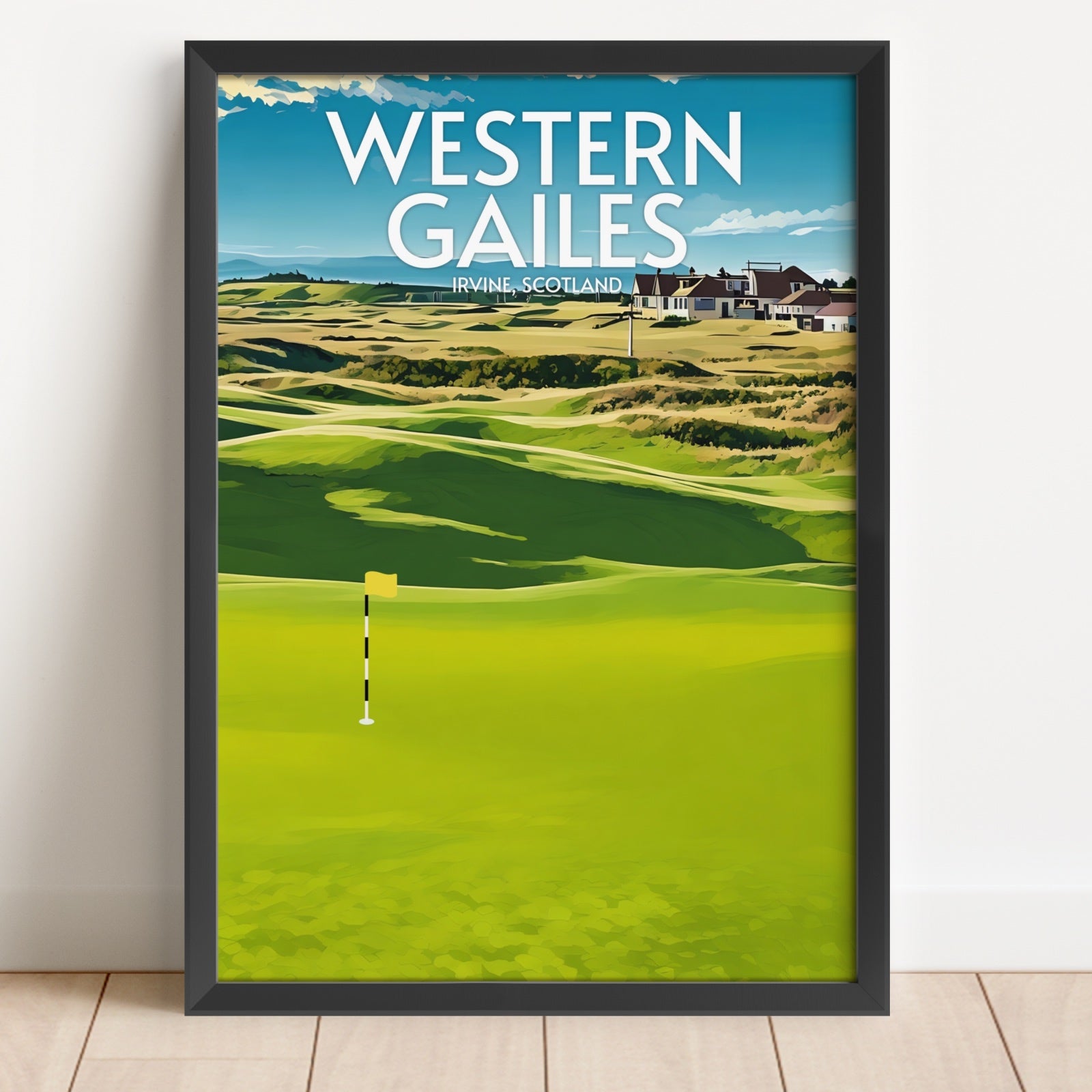 Framed poster of a golf course with 'Western Gailes' text on a white wall.