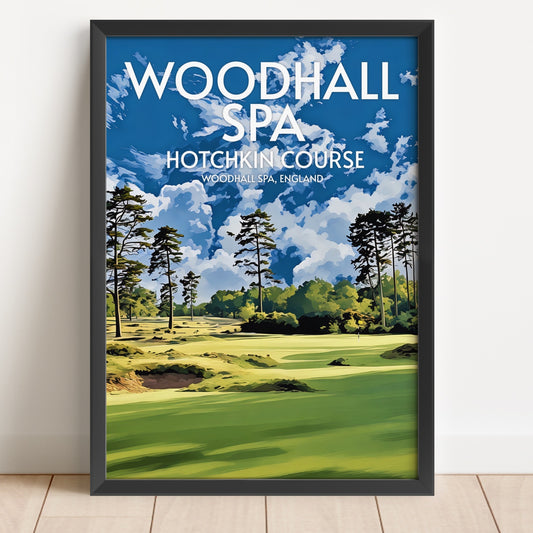 Framed poster of Woodhall Spa Hotchkiss Course with a golf course and trees in the background.