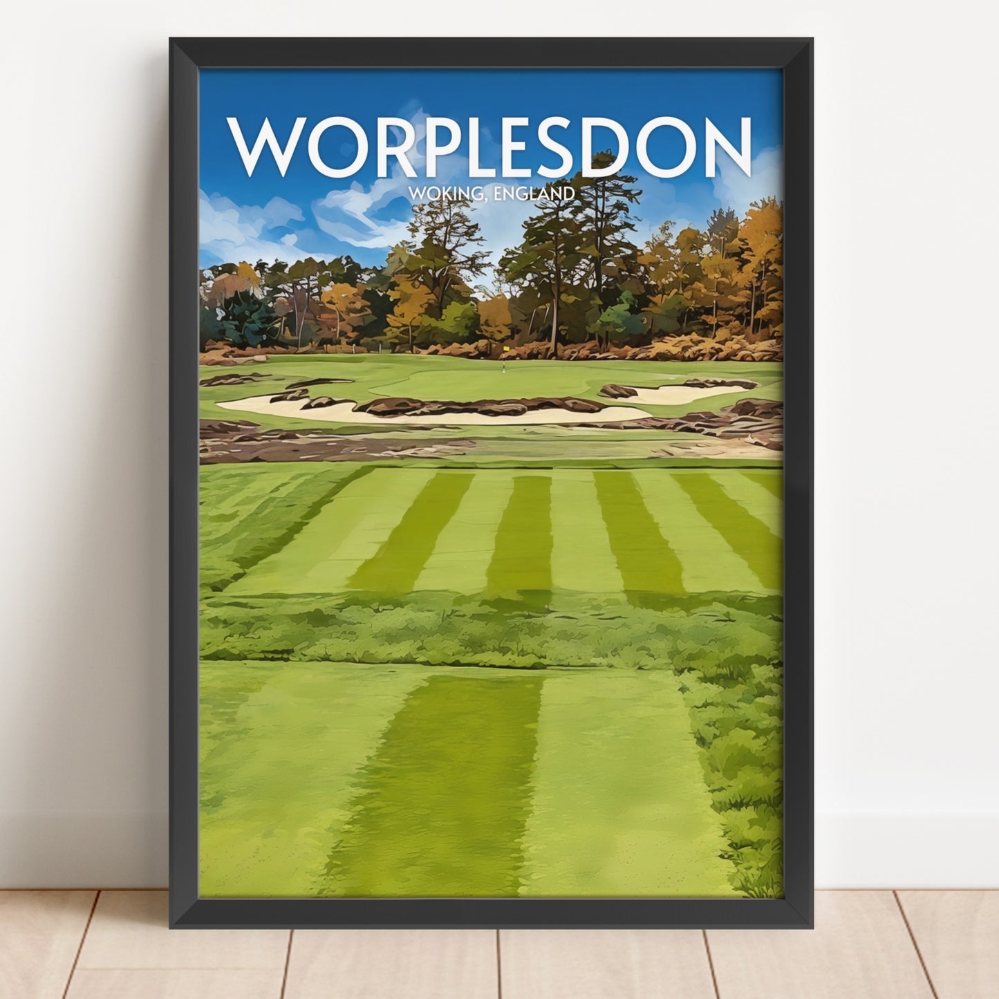 Framed poster of Worplesdon golf course with trees and blue sky.
